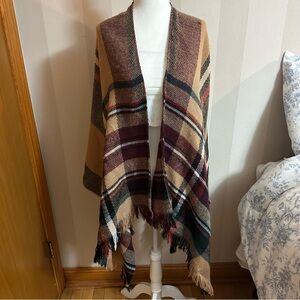 Plaid Fringe Shawl Wrap in Tan, Burgundy & Forest